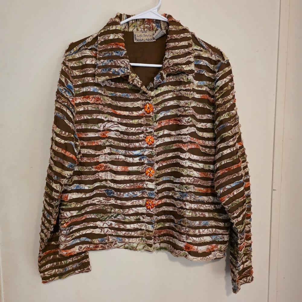 Womens Jacket Size Large Brown Floral Raw Edge Textured Button Front Indie